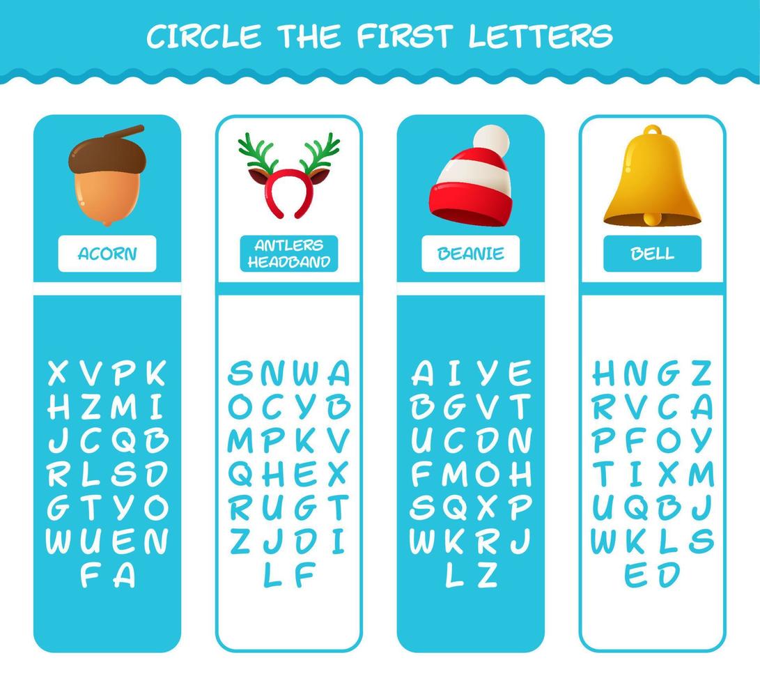 cerchia le prime lettere del cartone animato natale. gioco di abbinamento. gioco educativo per bambini e bambini in età prescolare vettore