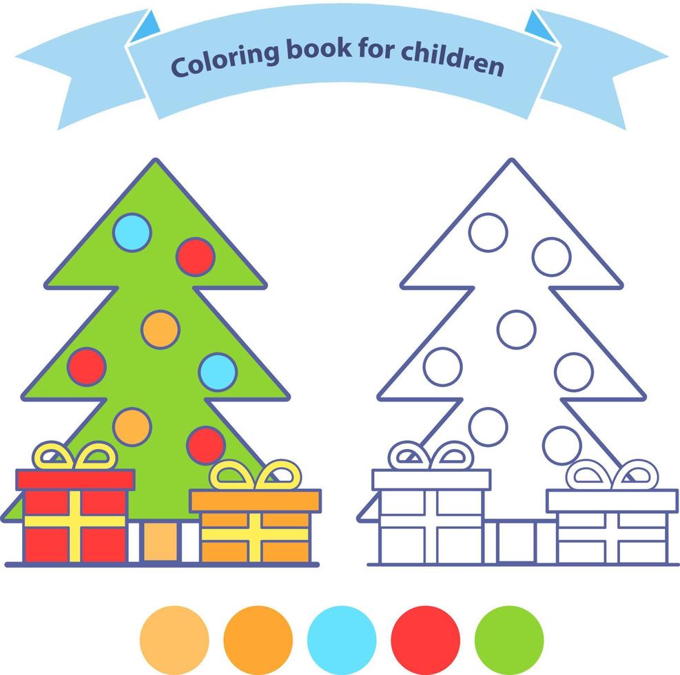 palle di albero di Natale decorato. Buon Natale libro da colorare per bambini. delineato doodle.flat vector.gift boxes.isolated su uno sfondo bianco. vettore