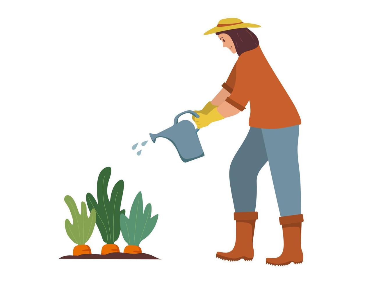 donna giardiniere innaffia le piante da un annaffiatoio. hobby giardiniere agricolo. persona del giardinaggio. donna che innaffia le verdure una carota. lavorare in giardino. impianto di irrigazione dell'agricoltore. vettore