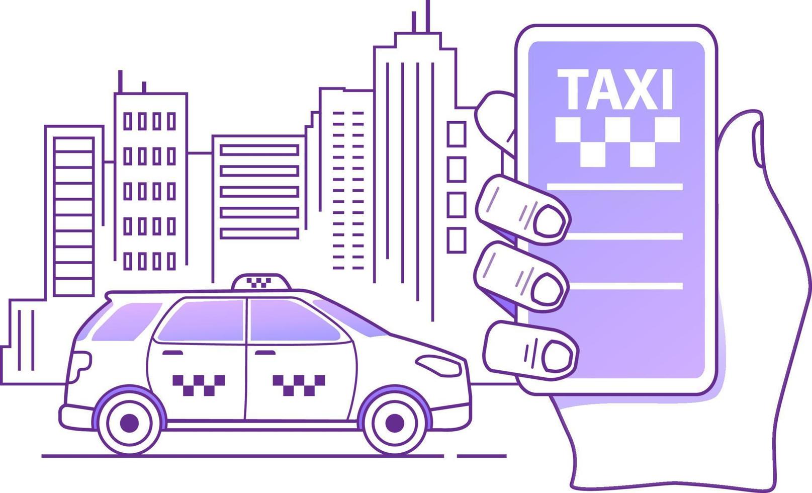 concetto di applicazione mobile per ordine di servizio taxi online. mano che tiene app per smartphone. silhouette della città con grattacieli. vettore di illustrazione del profilo piatto.