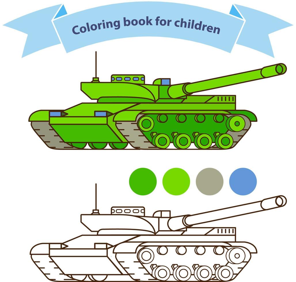 moderno carro armato giocattolo militare libro da colorare per bambini.isolato su sfondo bianco. vettore piatto.isolato su uno sfondo bianco.