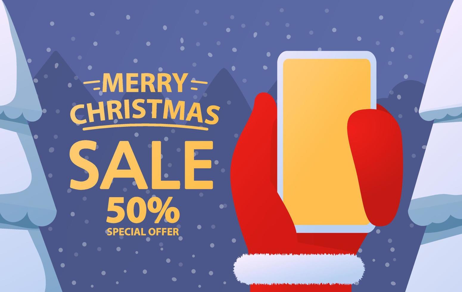 babbo natale detiene sconti per la vendita di natale dello smartphone concetto di banner festivo invernale. il felice anno nuovo offre uno sconto di 50. illustrazione vettoriale piatta.