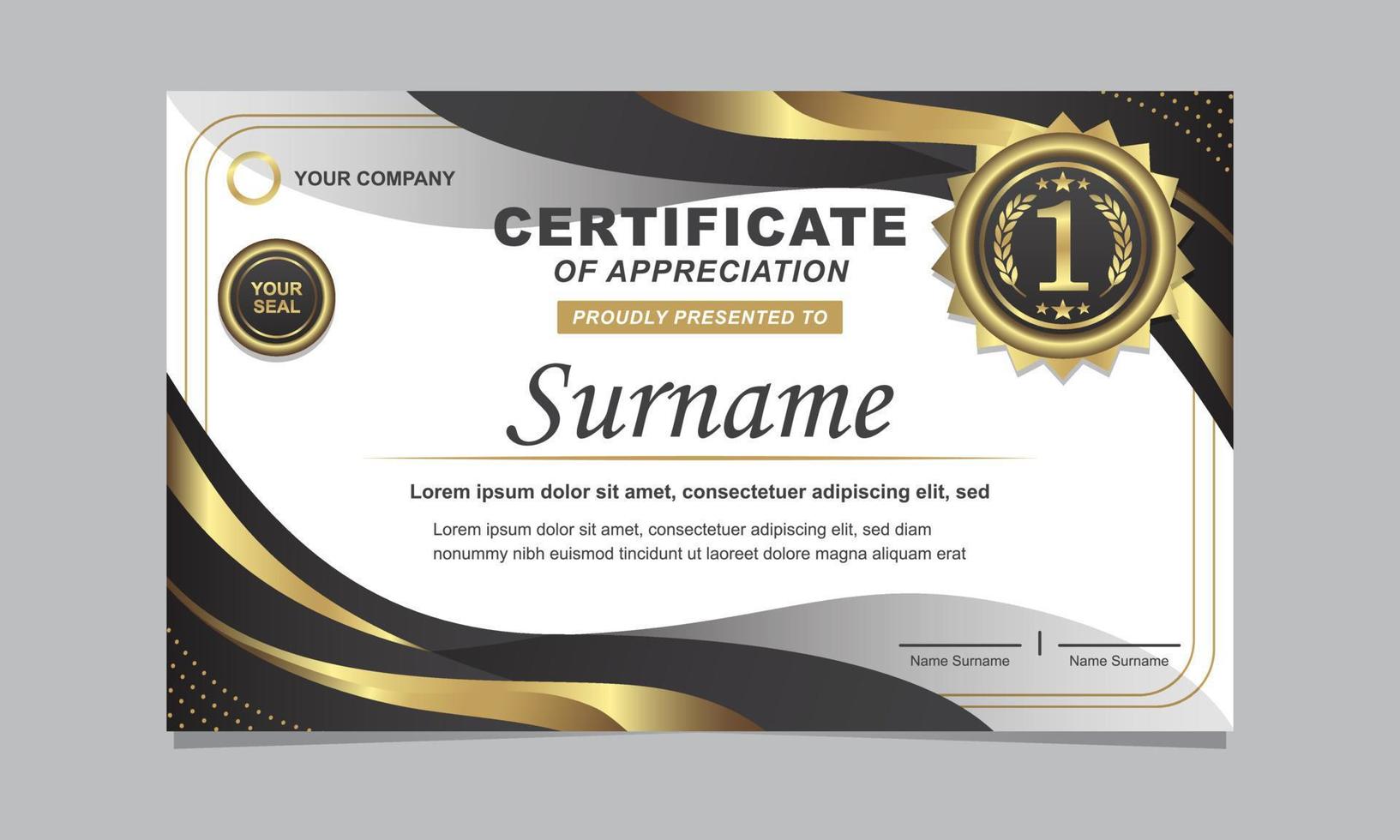 modello di certificato di apprezzamento nero e dorato di lusso vettore