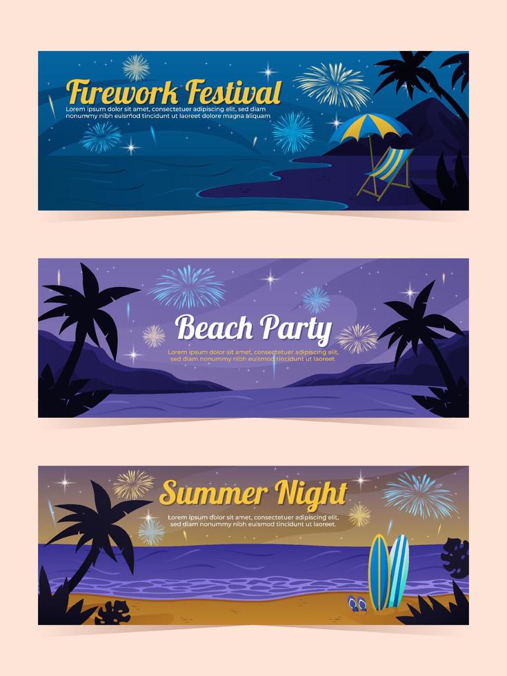 bandiera del festival della spiaggia dei fuochi d'artificio vettore