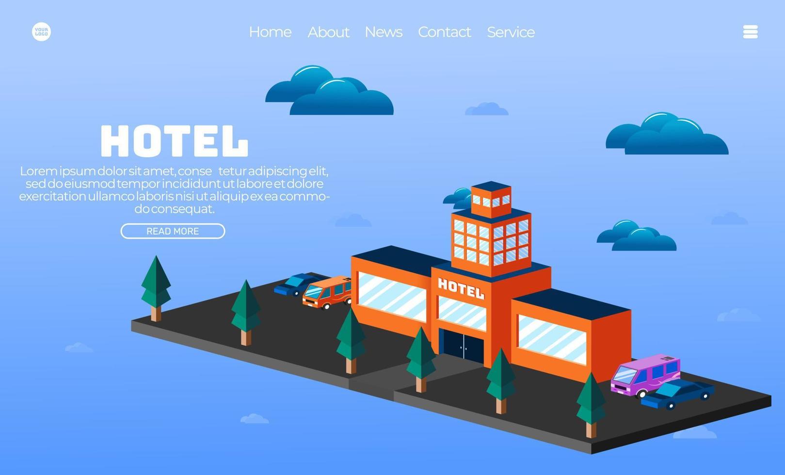 illustrazione grafica vettoriale dello stile isometrico dell'edificio dell'hotel.perfetto per pagina di destinazione web, banner, poster.ecc