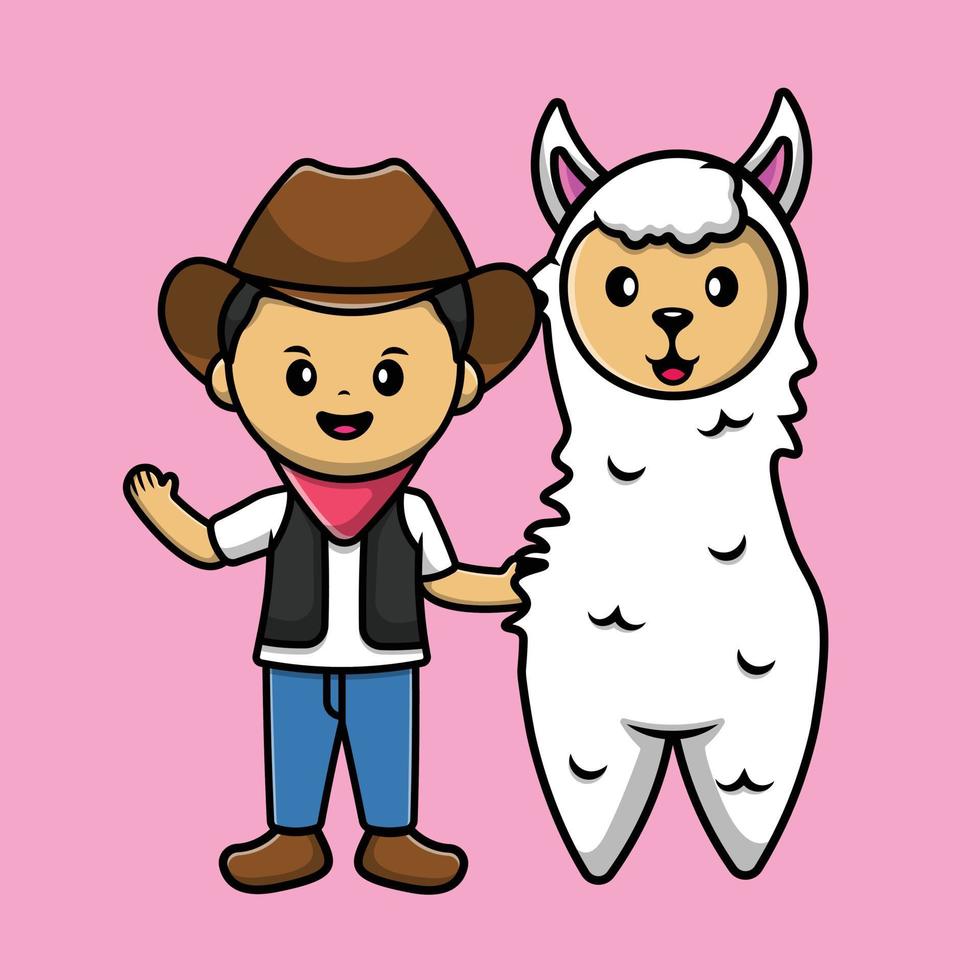 simpatico cowboy con lama alpaca fumetto icona vettore illustrazione. persone icona animale concetto isolato vettore premium