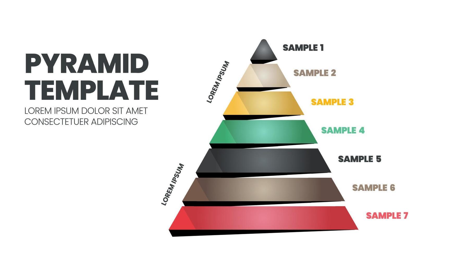 7 passaggi di un modello piramidale o triangolare con testo modificabile sono per gli elementi in una diapositiva di presentazione del grafico. il modello della gerarchia è una moderna illustrazione vettoriale colorata a forma di triangolo piatto.