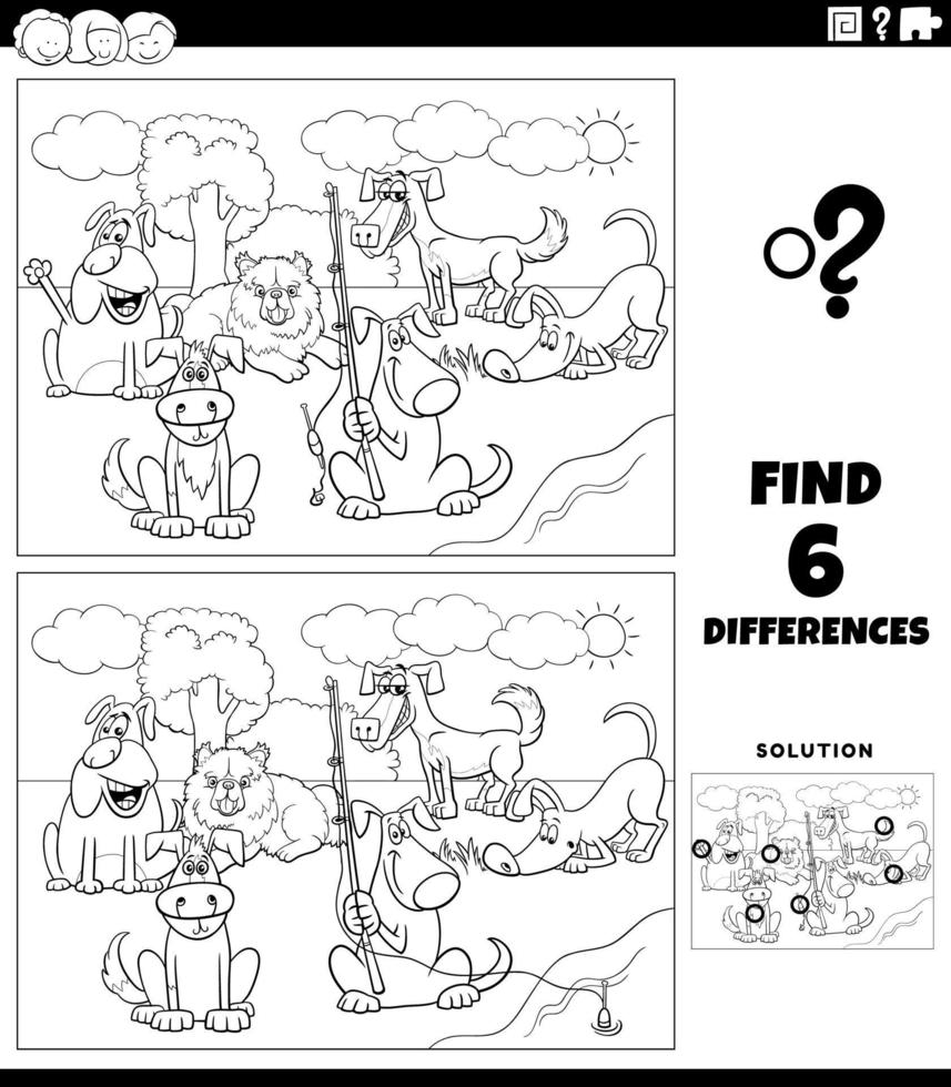 differenze gioco con i cani dei cartoni animati da colorare pagina del libro vettore