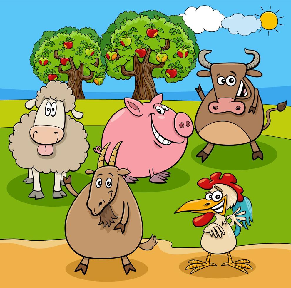 gruppo di animali da fattoria dei cartoni animati nel prato vettore