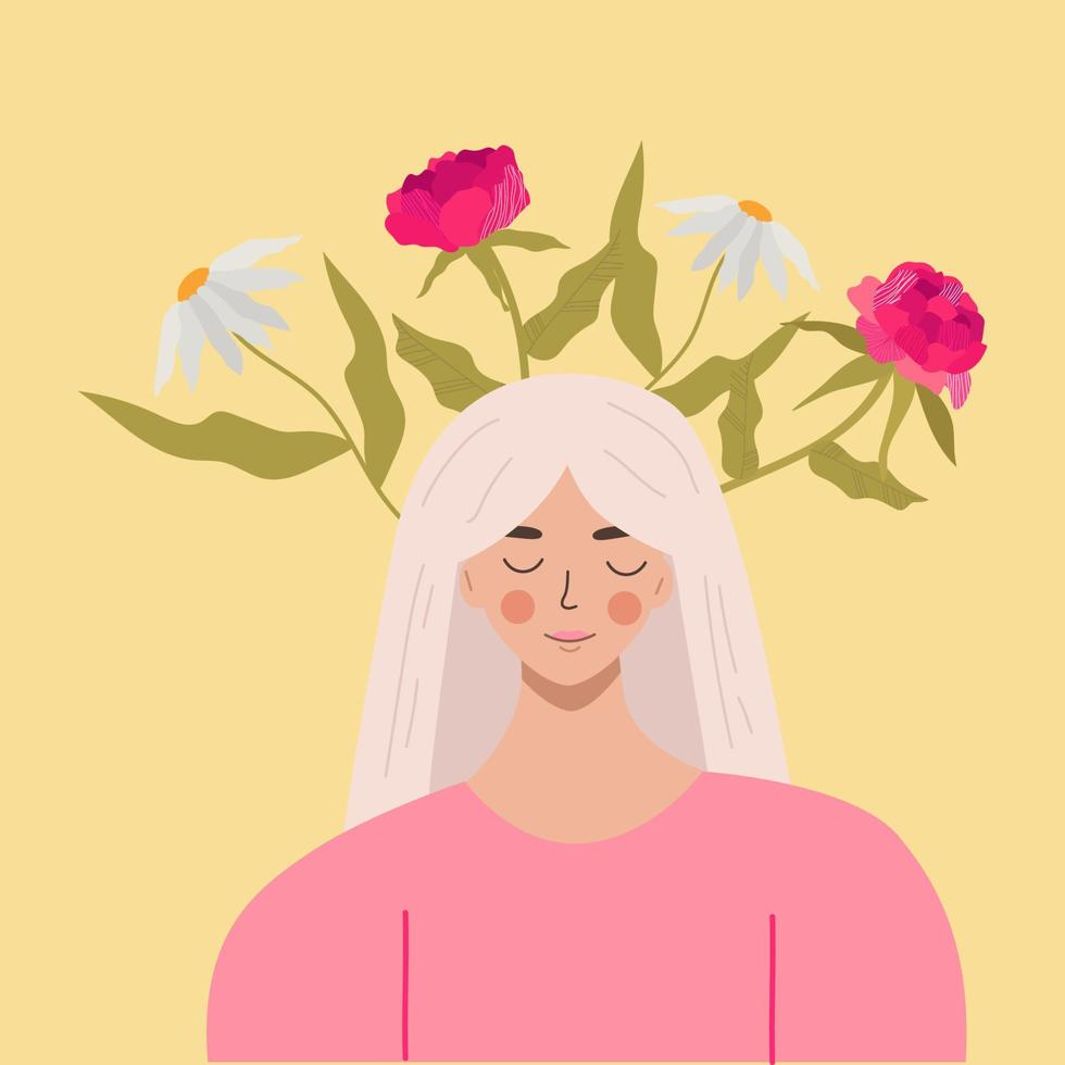 il concetto di salute mentale. pensiero positivo come modo di pensare. fiori sopra la testa della ragazza, che simboleggiano pensieri felici. illustrazione vettoriale piatta