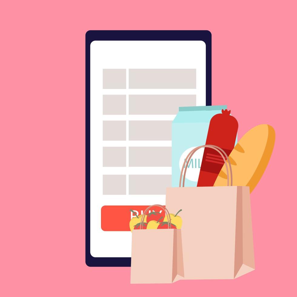 il concetto di shopping.phone online con un negozio online. sacchi di cibo. mercato locale e negozio di alimentari. acquistare prodotti online. servizi di consegna cibo. vettore