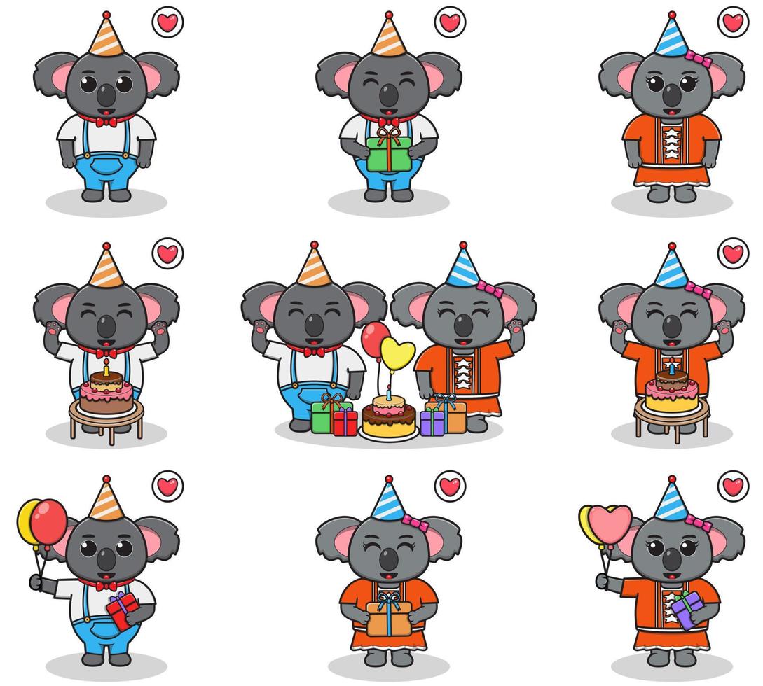 vettore di simpatico koala nella festa di compleanno. set di simpatici personaggi di koala. raccolta di koala divertente isolato su uno sfondo bianco.