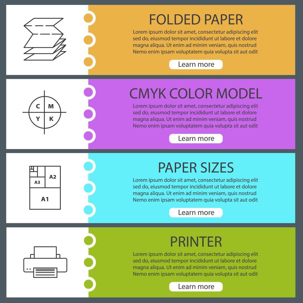 set di modelli di banner web per la stampa. poligrafia e tipografia. carta piegata, modello colore cmyk, formati carta, stampante. voci di menu a colori del sito Web con icone lineari. concetti di progettazione di intestazioni vettoriali