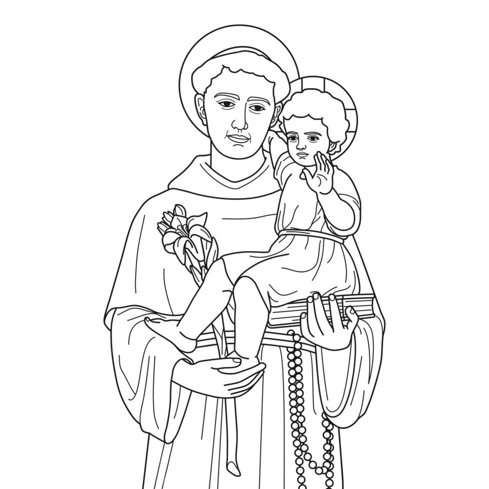 sant'antonio di padova e lisbona illustrazione vettoriale contorno monocromatico