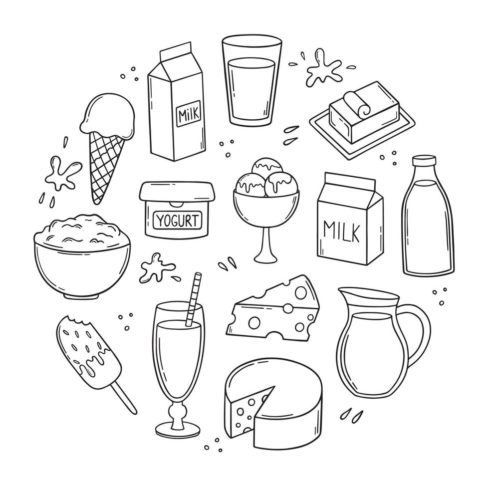 insieme disegnato a mano di latte e prodotti lattiero-caseari doodle. cibo da fattoria. formaggio, burro, yogurt, latte, gelato, ricotta in stile schizzo. illustrazione vettoriale isolato su sfondo bianco.