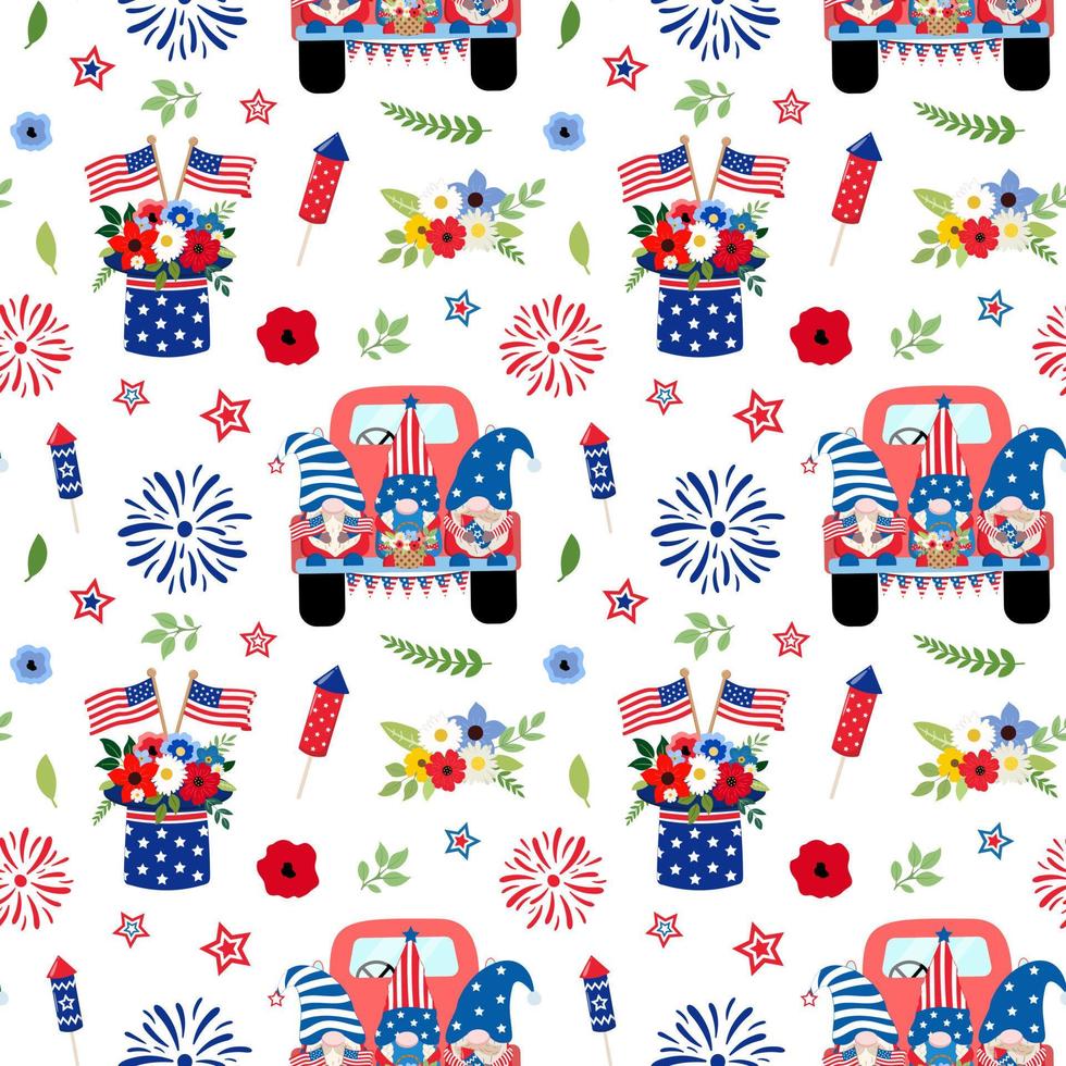 camioncino floreale del giorno dell'indipendenza del 4 luglio con motivo senza cuciture di gnomi, cracker e stelle filanti. isolato su sfondo bianco. festa dell'indipendenza americana, 4 luglio design a tema festivo. vettore