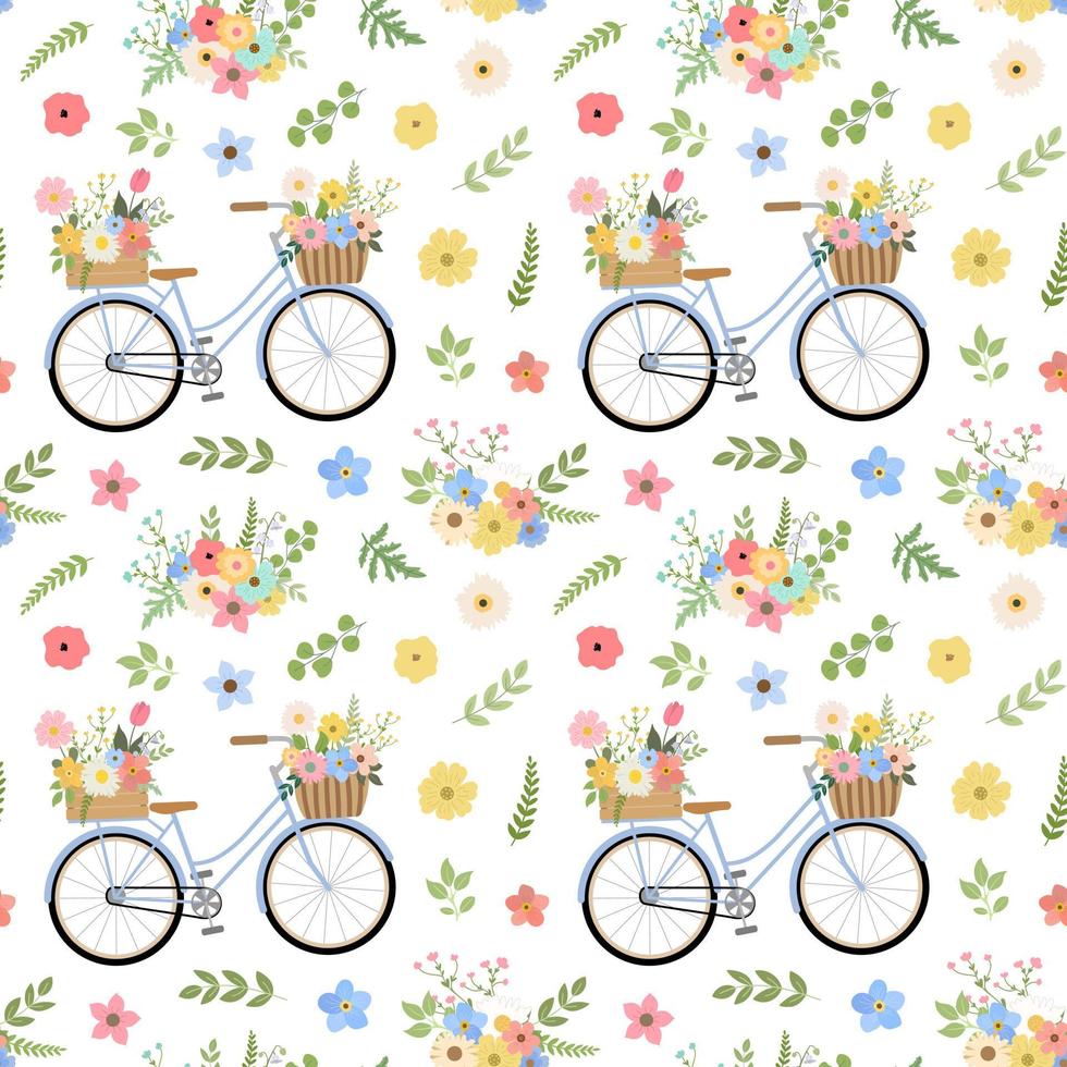 biciclette blu in stile retrò con motivo senza cuciture di mazzi di fiori primaverili. isolato su sfondo bianco. design romantico primaverile. vettore