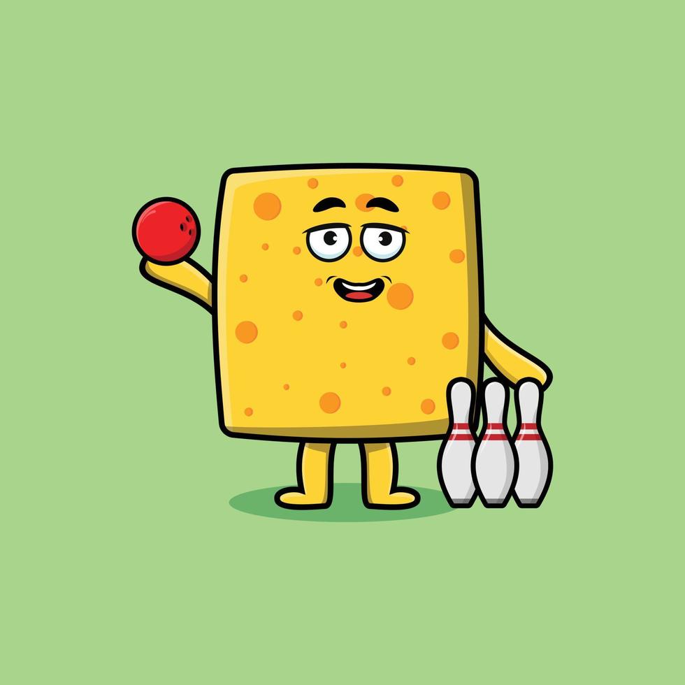 simpatico personaggio dei cartoni animati di formaggio che gioca a bowling vettore