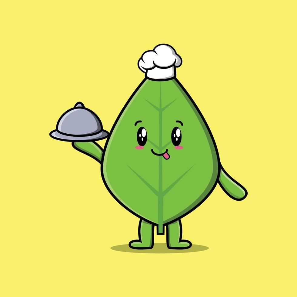 simpatico cartone animato chef foglia verde che serve cibo sul vassoio vettore