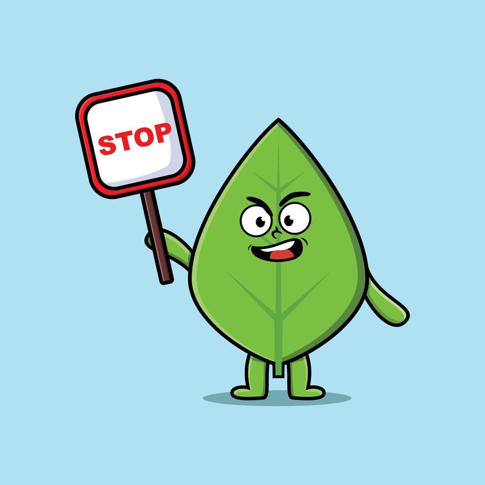 foglia verde simpatico cartone animato con cartello di stop vettore