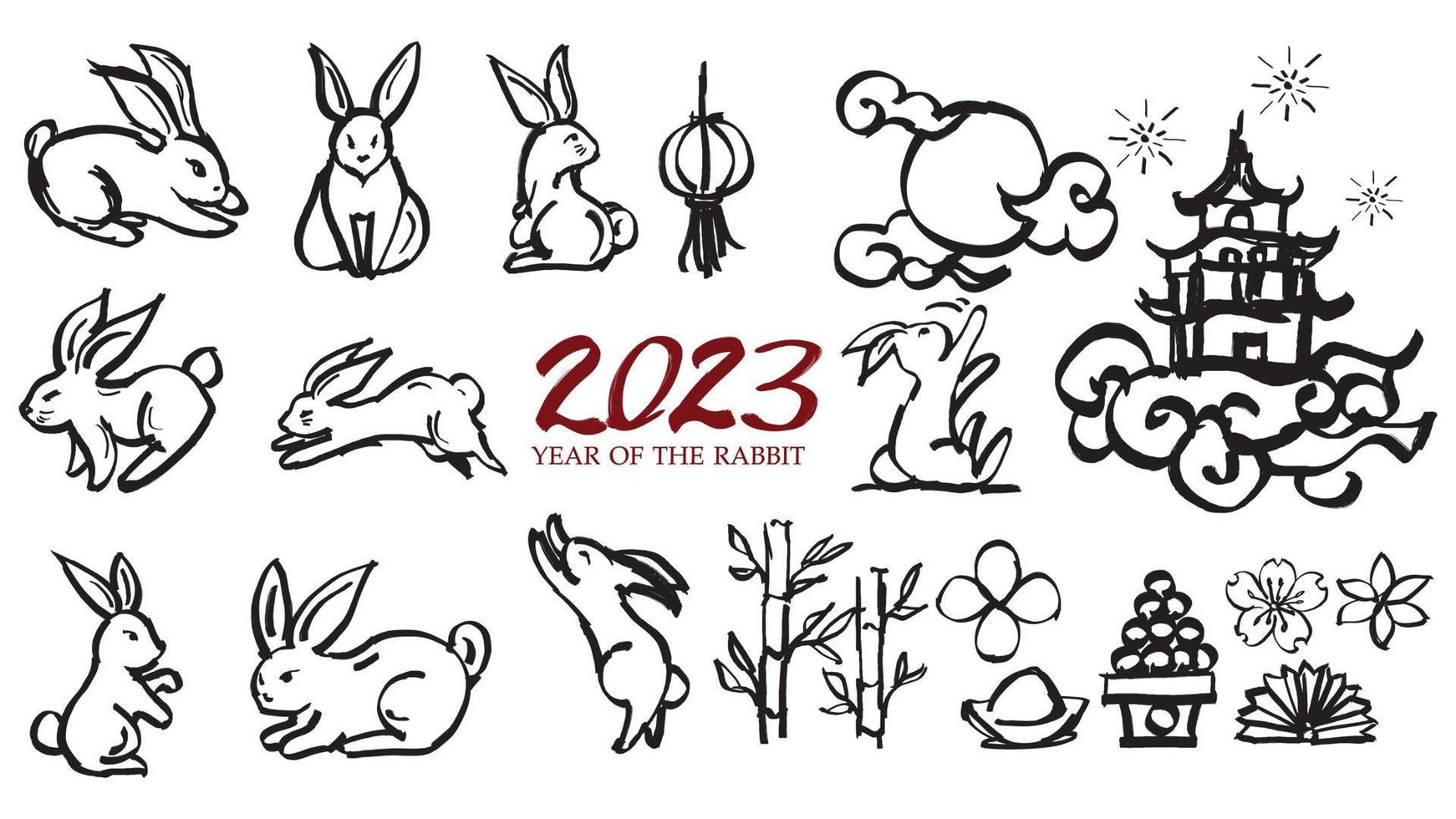 anno del coniglio 2023, pennellate cinesi, luna di coniglio e castello e offerte vettore