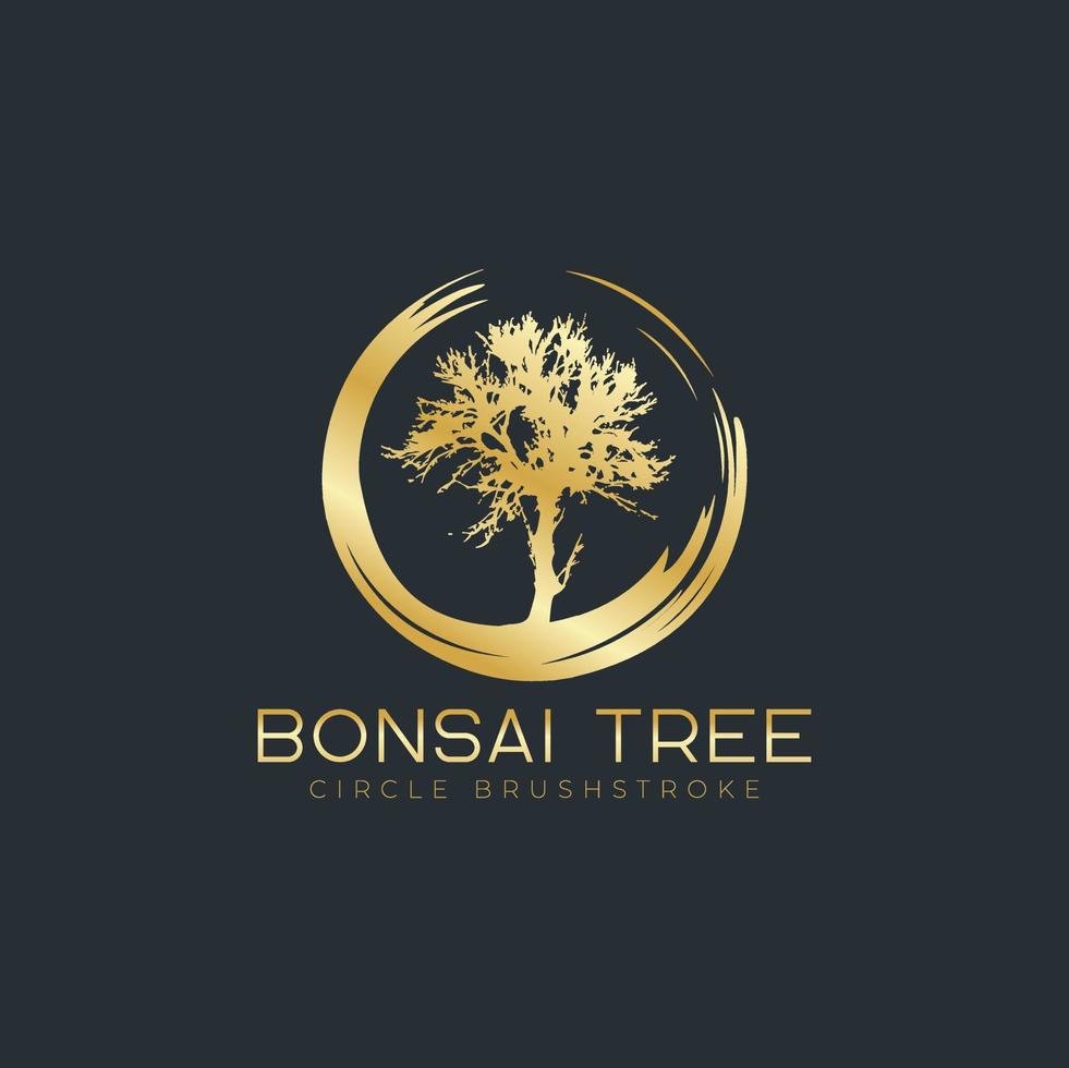 pennellata circolare con logo dell'albero dei bonsai, icone della silhouette della pianta su sfondo bianco. vettore
