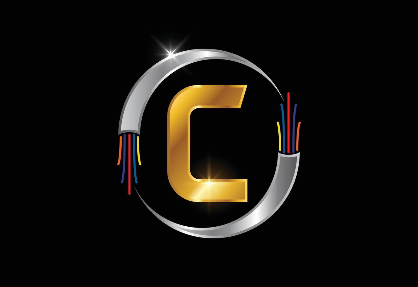 iniziale c monogramma lettera alfabeto con filo elettrico, cavo in fibra ottica. emblema del carattere. vettore
