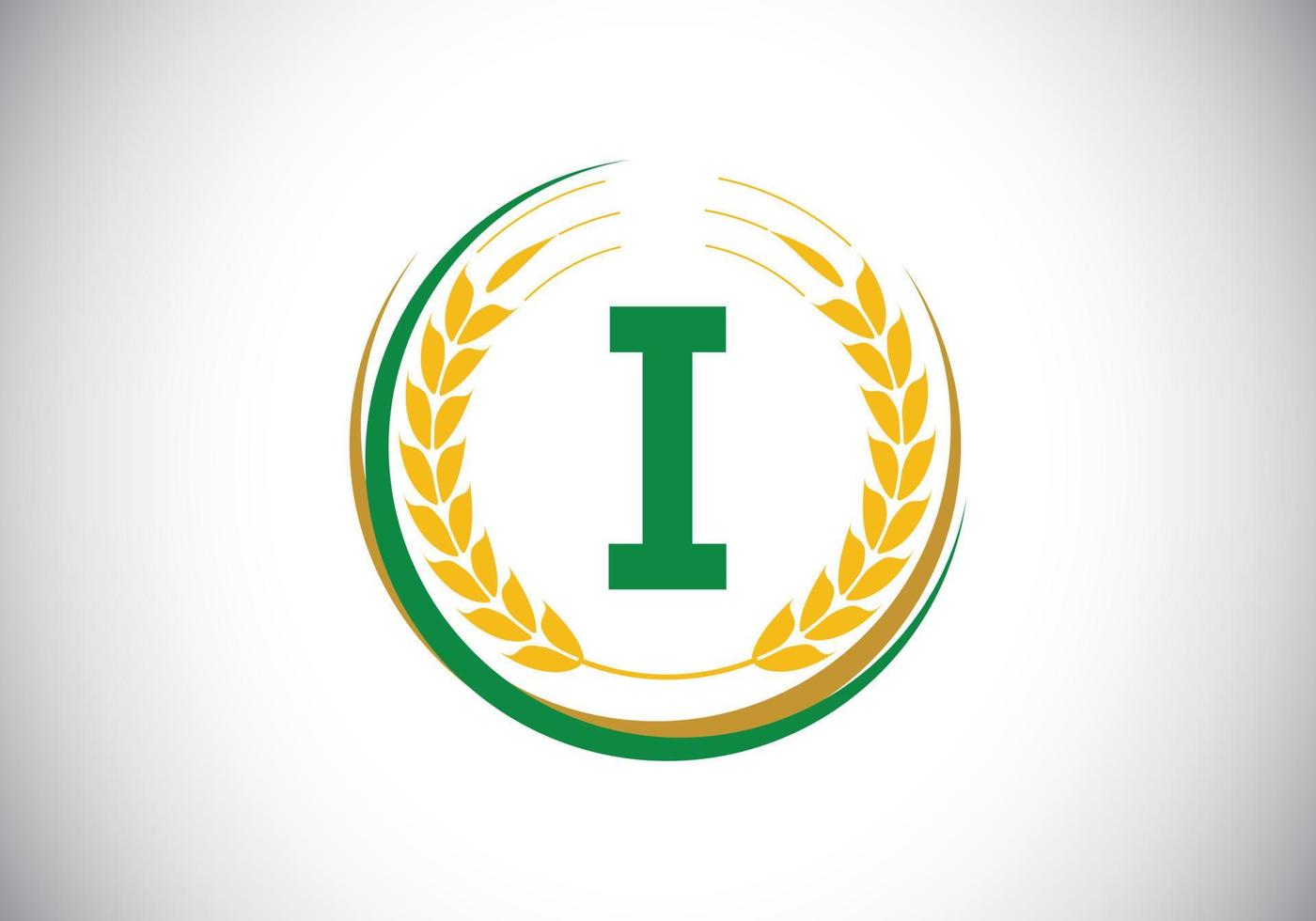 lettera iniziale i segno simbolo con ghirlanda di spighe di grano. concetto di design del logo dell'agricoltura biologica del grano. modello di vettore di progettazione di logo di agricoltura.