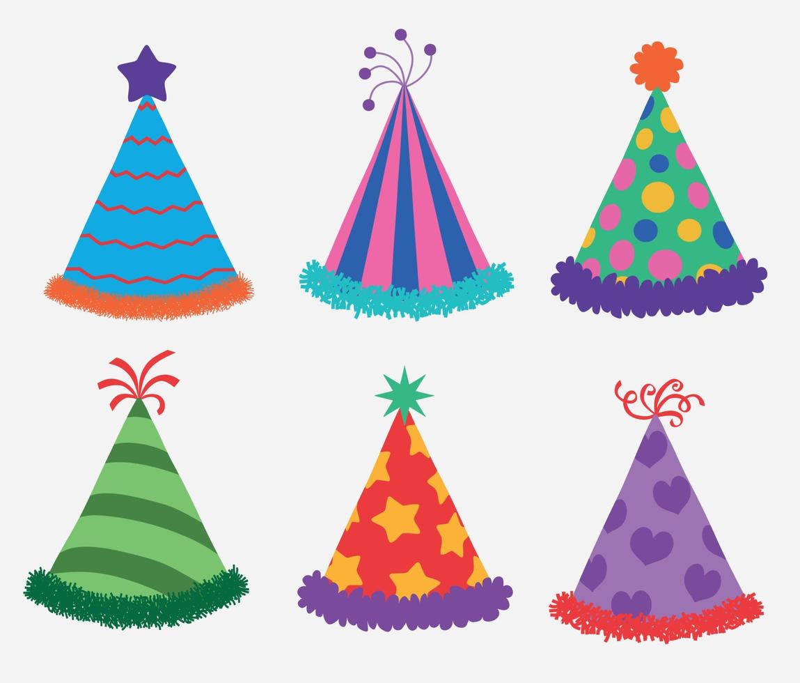 illustrazione di design piatto del fumetto del cappello colorato per il modello stabilito del compleanno di celebrazione della festa. vettore
