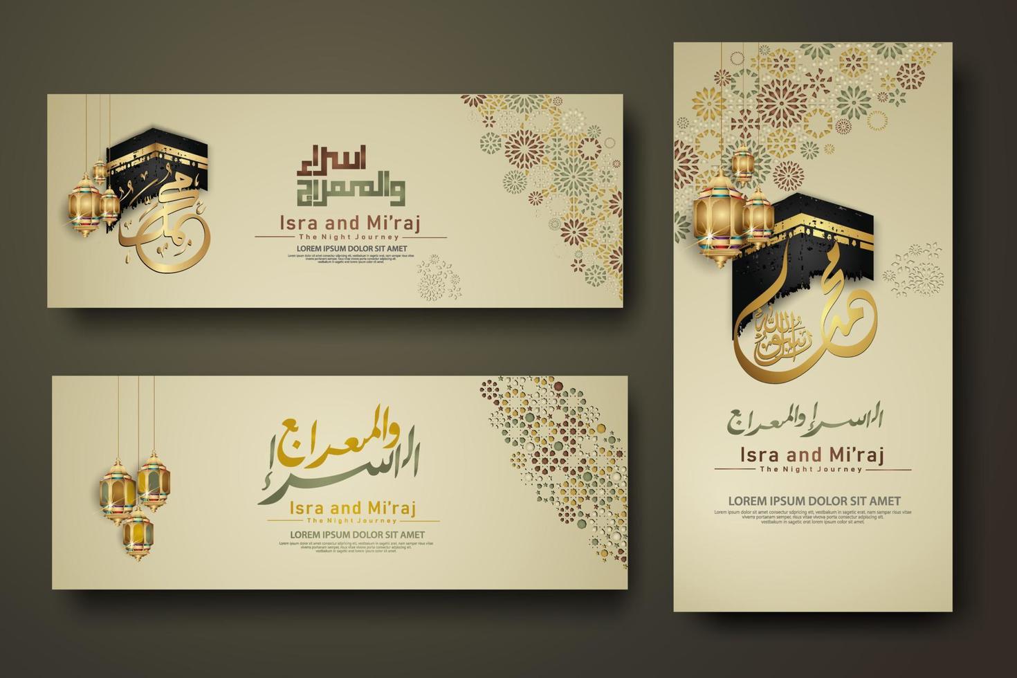 al-isra wal mi'raj profeta muhammad calligrafia set modello di banner vettore