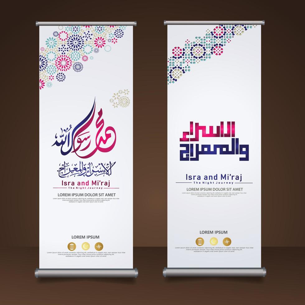 al-isra wal mi'raj profeta maometto calligrafia set roll up banner template con kaaba disegnata a mano, falce di luna e lanterna tradizionale con ornamentali colorati di mosaico sfondo islamico vettore