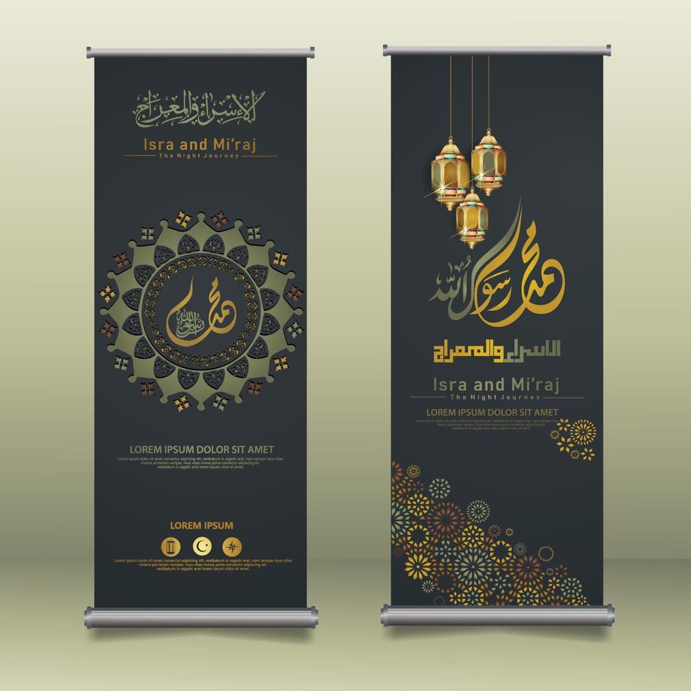 al-isra wal mi'raj profeta maometto calligrafia set roll up banner template con kaaba disegnata a mano, falce di luna e lanterna tradizionale con ornamentali colorati di mosaico sfondo islamico vettore