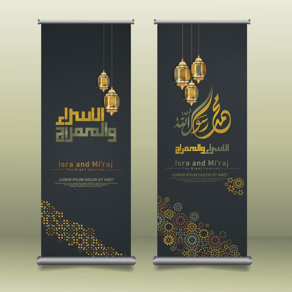 al-isra wal mi'raj profeta maometto calligrafia set roll up banner template con kaaba disegnata a mano, falce di luna e lanterna tradizionale con ornamentali colorati di mosaico sfondo islamico vettore