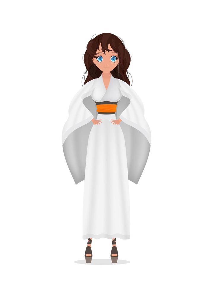 donne in un lungo kimono di seta bianca, kimono estivo, abiti per la casa in seta, abiti da sposa da damigella d'onore, abito naturale. isolato. vettore. vettore