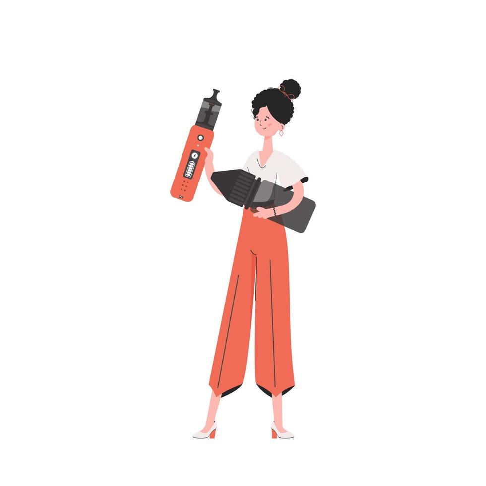 una donna tiene in mano una sigaretta elettronica. stile trendy con tenui colori neutri. isolato su sfondo bianco. illustrazione vettoriale. vettore