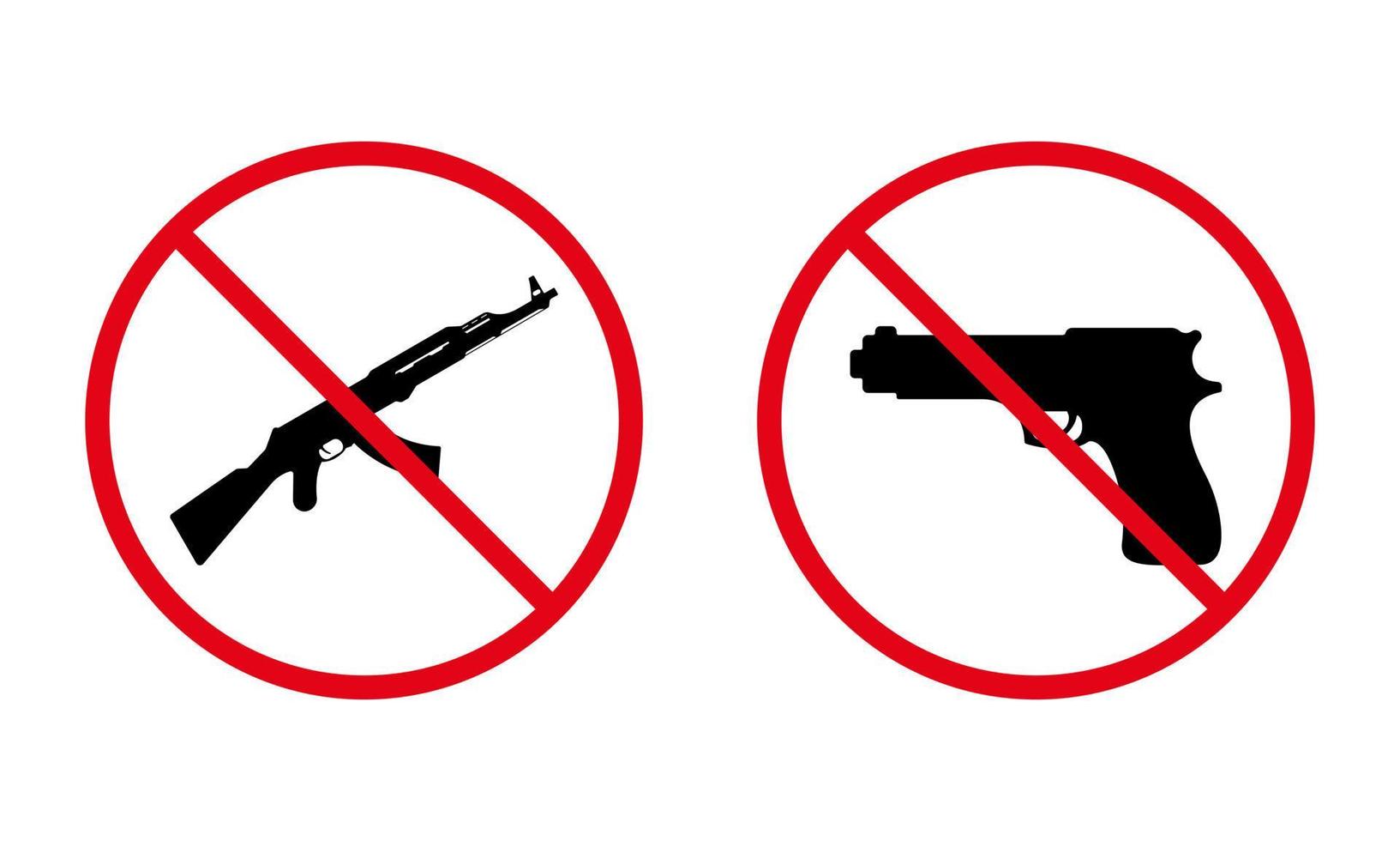 pistola a mano e ak 47 kalashnikov automatico fermano l'icona della silhouette nera. pistola militare, pittogramma vietato ak47. simbolo di divieto rosso dell'arma dell'esercito. pericolo arma vietata. illustrazione vettoriale isolata.