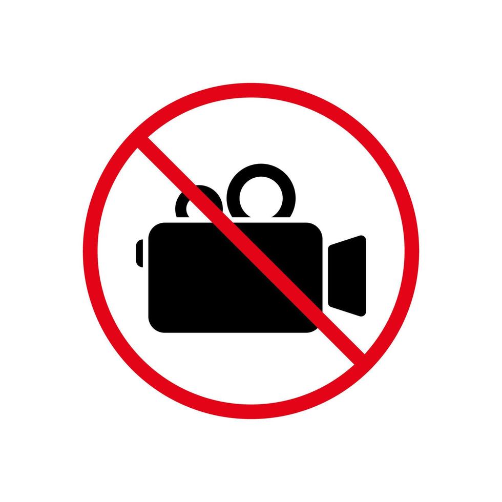nessuna videocamera che registra l'icona di divieto della silhouette nera. cartello rosso della zona di produzione di film vietati. simbolo di arresto della videocamera. nessuna area di registrazione consentita pittogramma vietato. illustrazione vettoriale isolata.