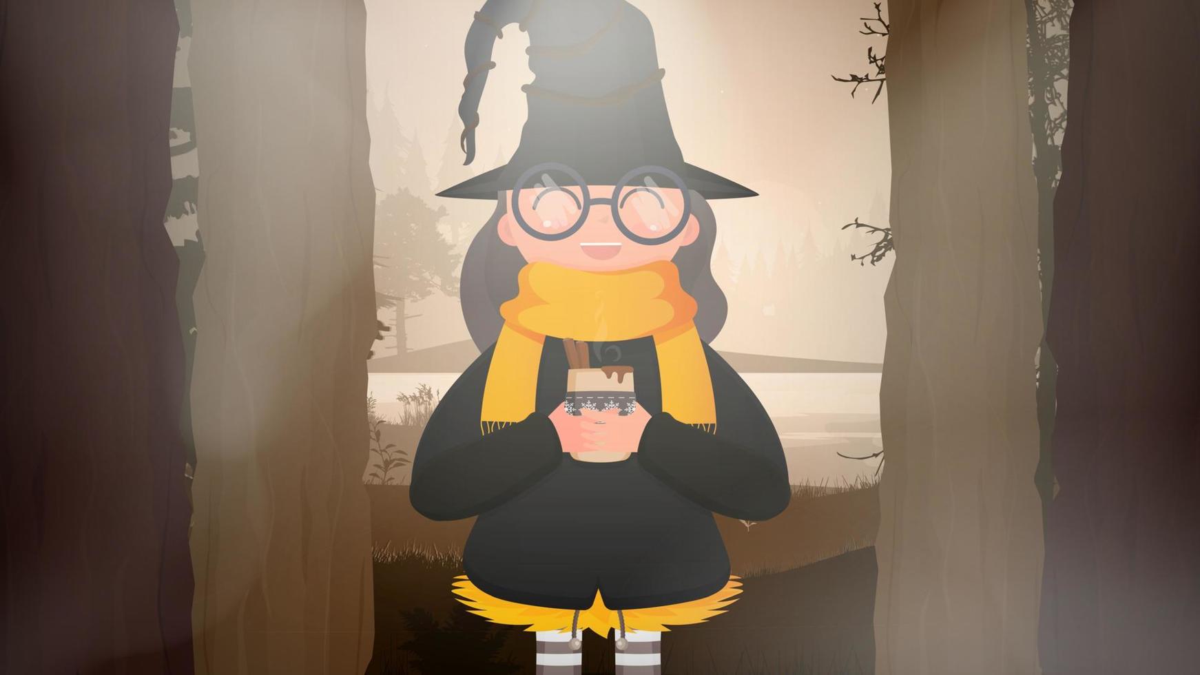 una strega carina con vin brulé è in piedi nella foresta. ragazza in abito nero e cappello che tiene una tazza con bevanda calda. concetto di halloween. vettore. vettore