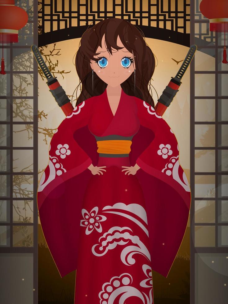 donne con un lungo kimono di seta rossa e una katana sulla schiena. stile cartone animato. vettore