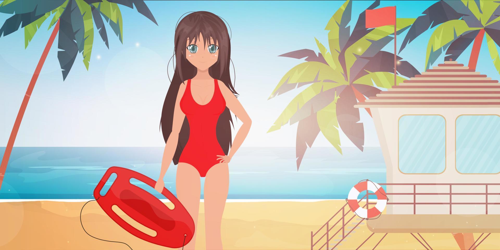 posto di salvataggio in spiaggia. una ragazza del bagnino in costume da bagno rosso tiene una tavola nelle sue mani. stile cartone animato, illustrazione vettoriale. vettore