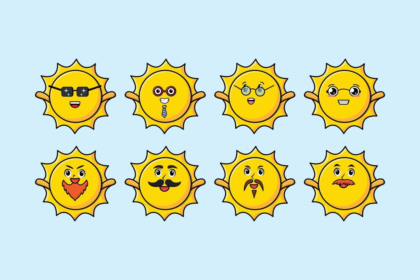 impostare il fumetto del sole kawaii con diverse espressioni vettore