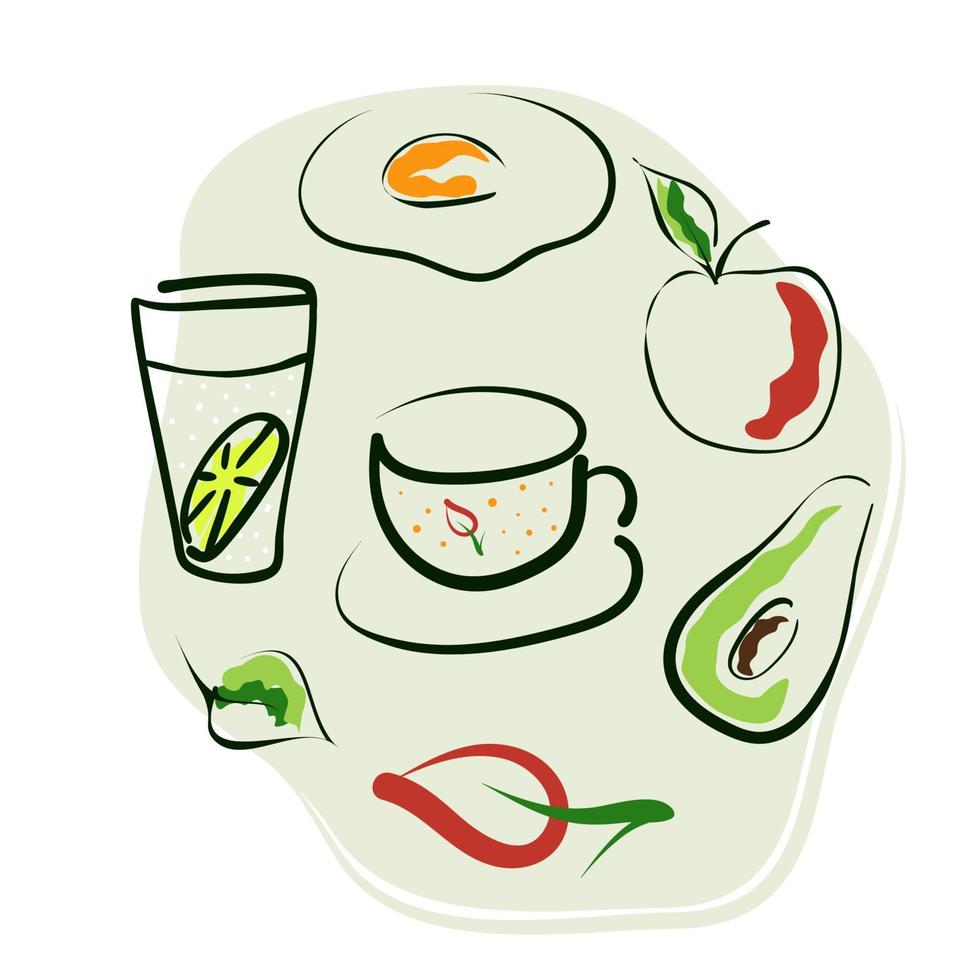 cibo salutare. concetto di colazione. mela, avocado, tazza di tè o caffè, acqua e limone, uovo fritto. line art con riempitivo astratto. illustrazione vettoriale isolata su bianco