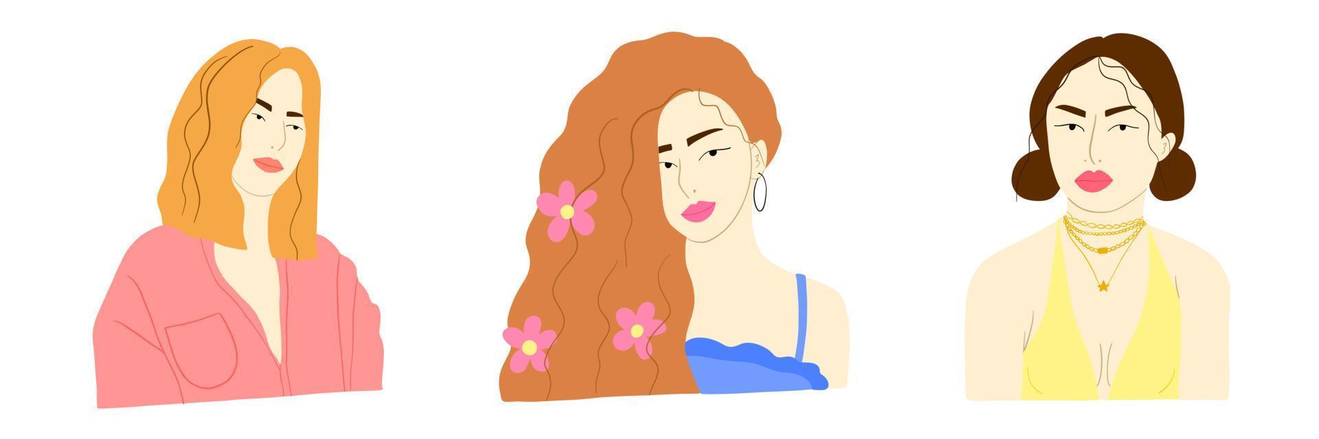 illustrazione di tre ragazze hipster. belle giovani donne con diverse acconciature e accessori. concetto di potere delle ragazze. set vettoriale disegnato a mano