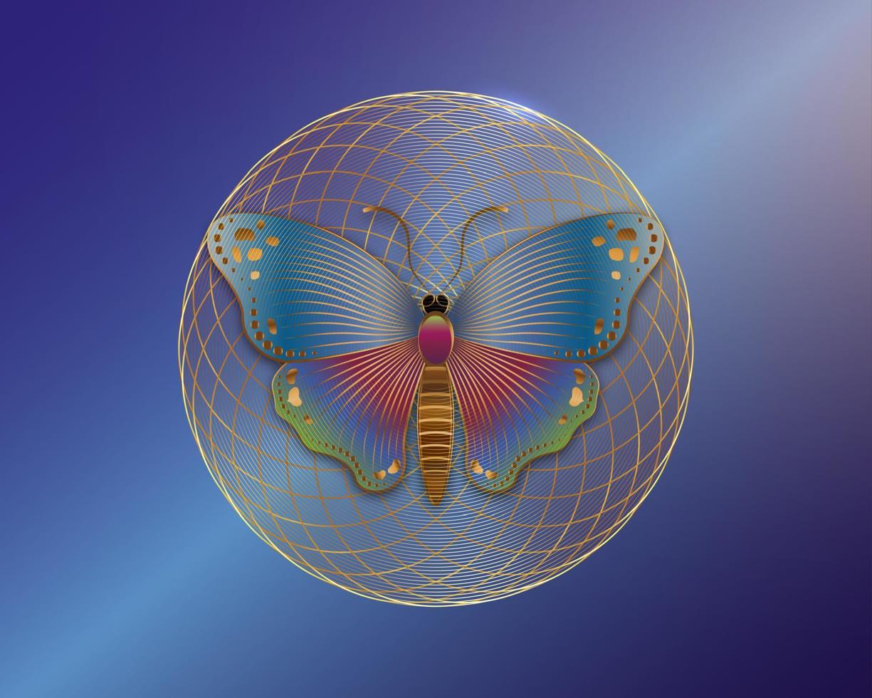 farfalla su mandala, geometria sacra, logo simbolo di armonia ed equilibrio, fiore torus yantra. ornamento geometrico colorato, yoga relax, spiritualità, sfondo sfumato blu vettoriale