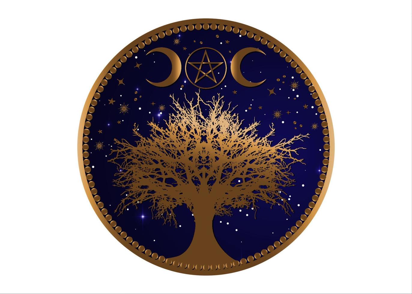 albero della vita wicca segno mandala, oro mistico luna pentacolo, geometria sacra, luna crescente d'oro, mezza luna pagana wiccan tripla dea simbolo, vettore isolato su sfondo blu cielo stellato