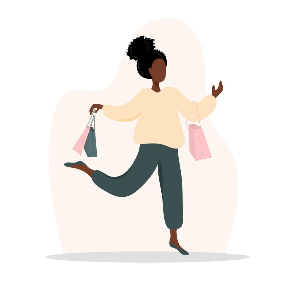 donna che fa shopping. felice ragazza africana che trasportano borse. illustrazione del fumetto vettoriale isolata su sfondo bianco. modello di promozione e vendita.
