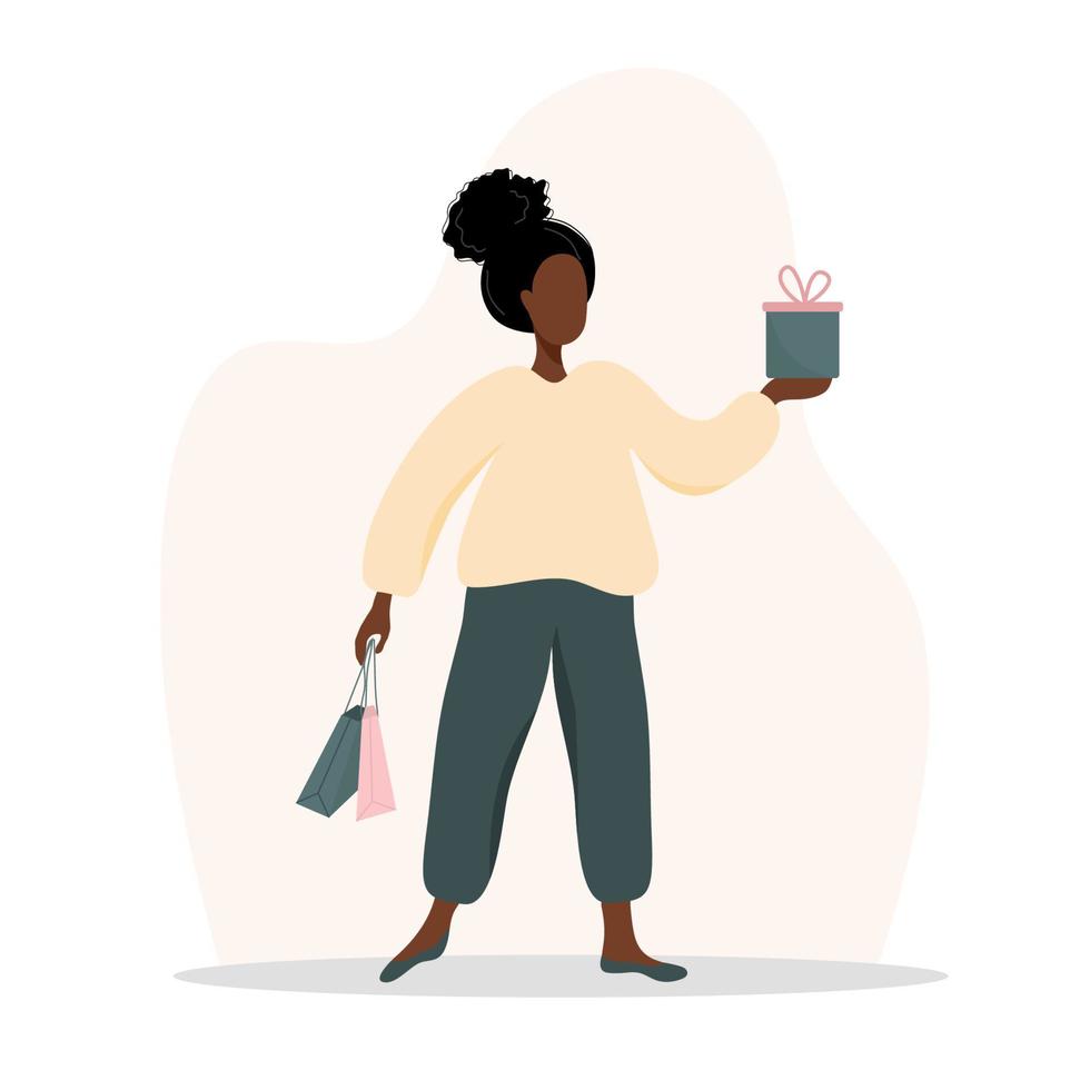 donna che fa shopping. felice ragazza africana che trasporta borse e regali. illustrazione del fumetto vettoriale isolata su sfondo bianco. modello di promozione e vendita.