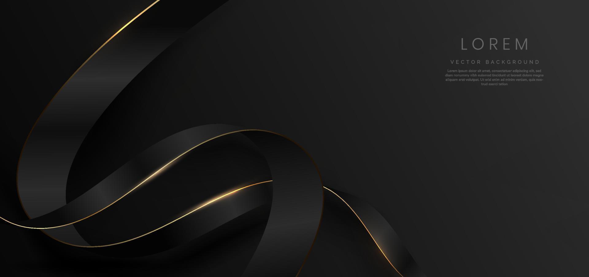 astratto 3d nero e oro curvo nastro rosso su sfondo nero con effetto luminoso e brillantezza con copia spazio per il testo. stile di design di lusso. vettore