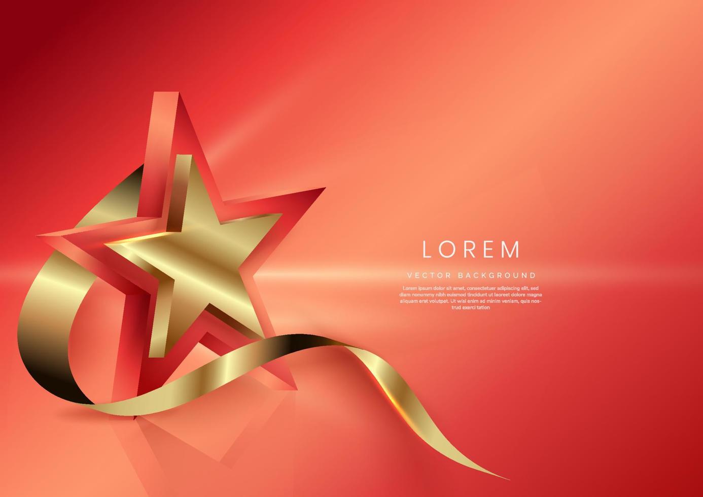 Stella d'oro 3d con nastro dorato curvo su sfondo rosso tenue. design del premio premium di lusso del modello. vettore