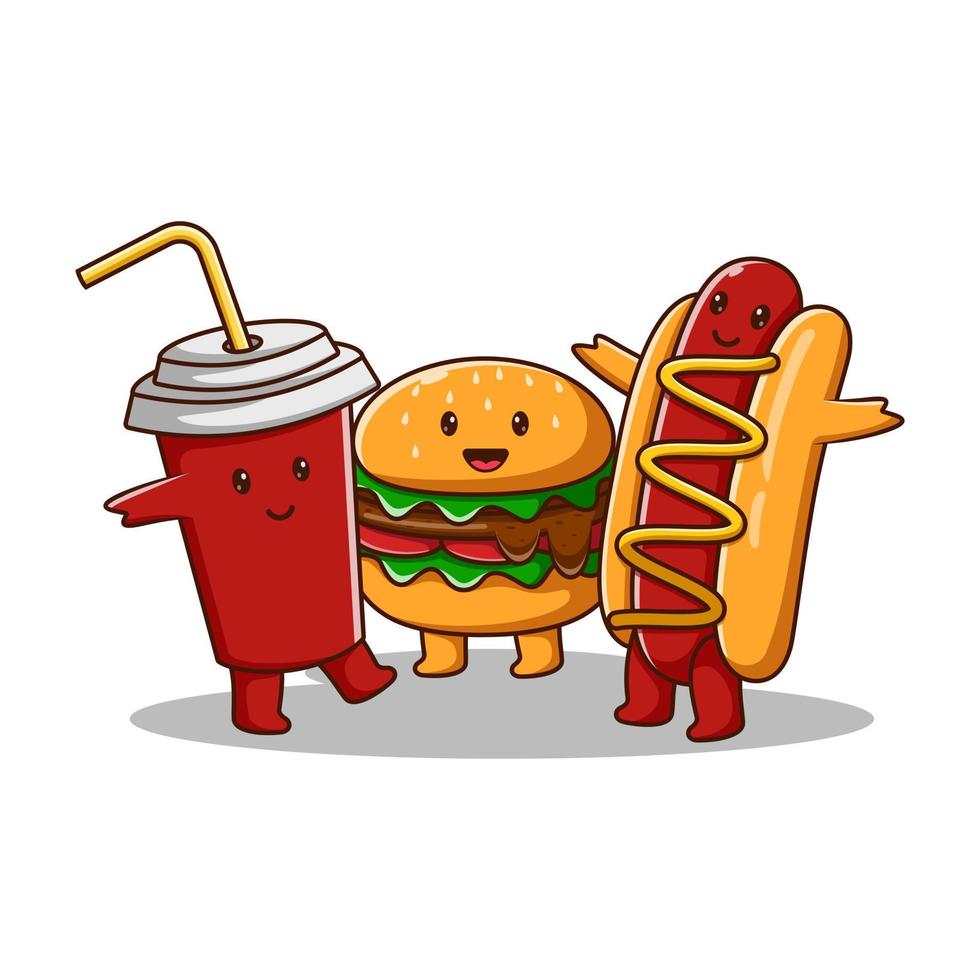 illustrazione dell'icona del vettore del fumetto di hamburger carino, bibita analcolica e hot dog. concetto di icona di cibo e bevande. stile cartone animato piatto fast food